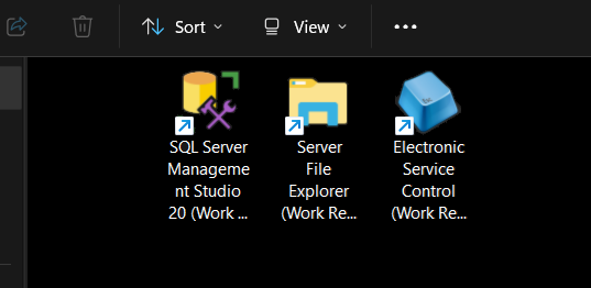 Icons on a local Windows desktop for SQL Server Management Studio, a server file explorer and the hosted ERP, each marked Work Resources.