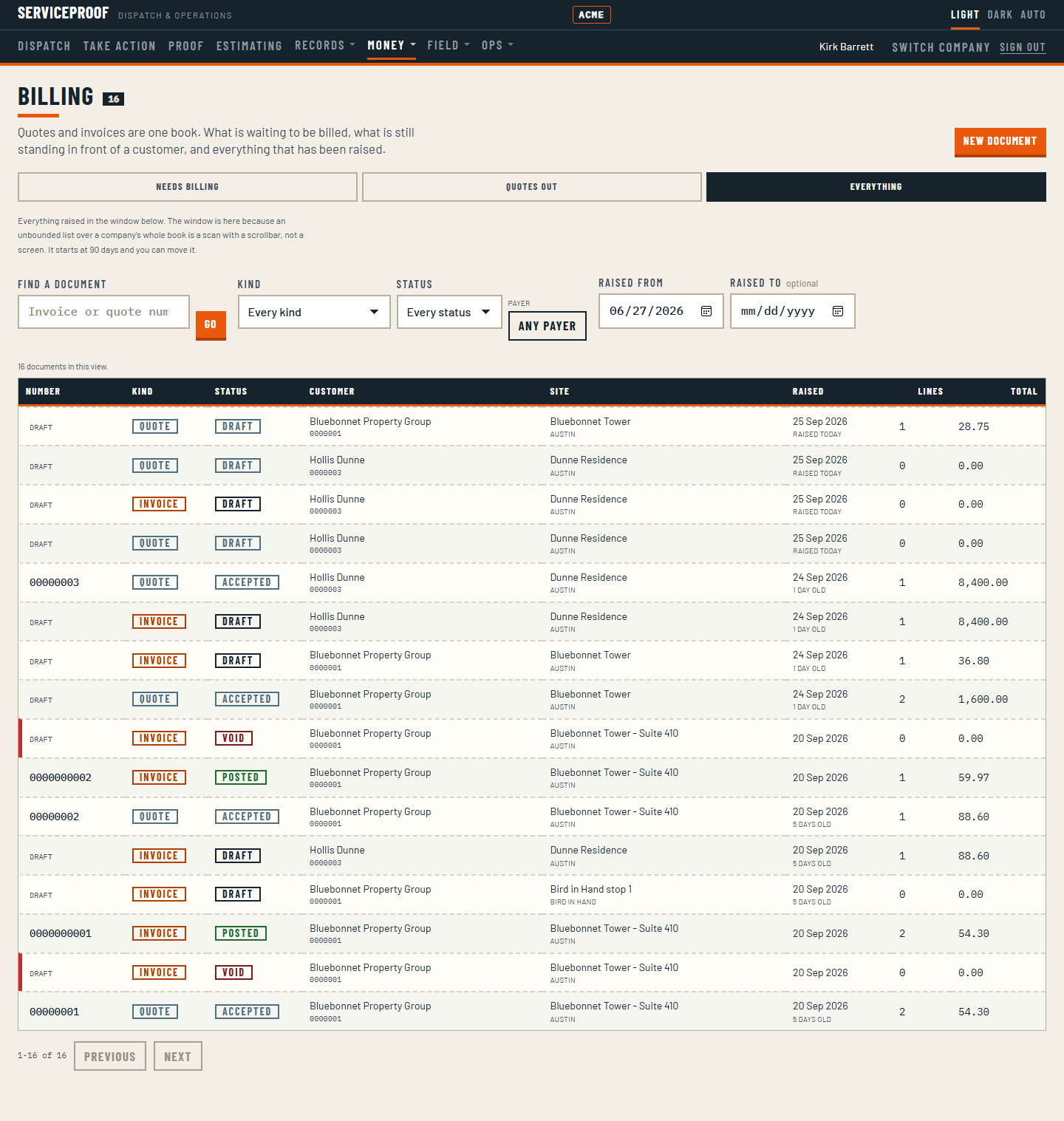 The billing screen with every document listed: quote and invoice rows interleaved, marked draft, accepted, posted and void, each with its customer, site, date, line count and total.
