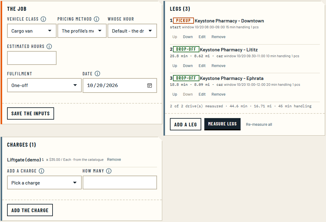 The Pricing tab on a courier quote: a cargo van, a one-off run on 10/20, and three legs in order - a pickup at the pharmacy's downtown store, then drop-offs at its Lititz and Ephrata stores, each with its window, handling minutes and the measured drive into it (25.8 minutes and 8.62 miles, then 18.8 minutes and 8.09 miles) - with a liftgate charge ticked below.