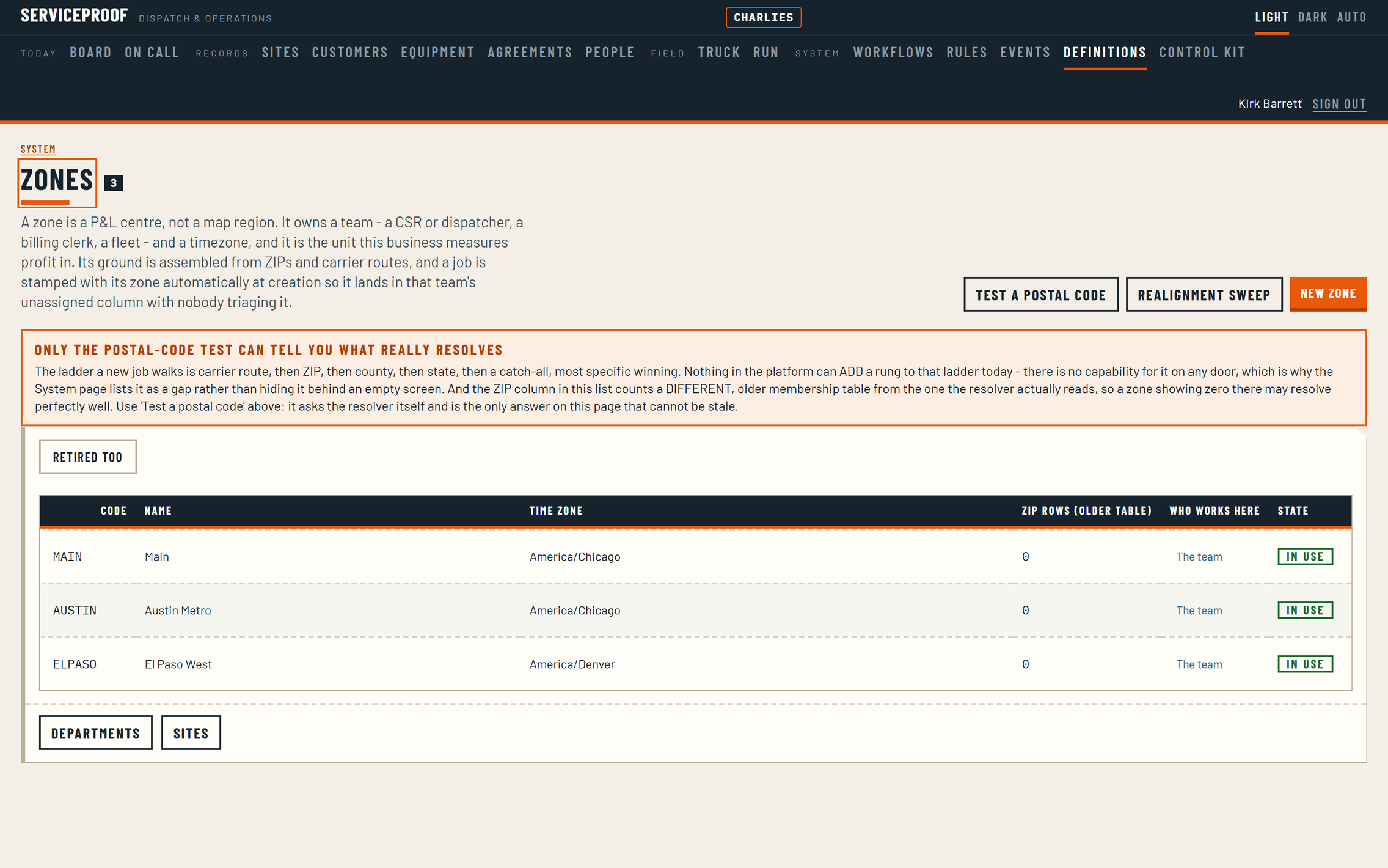 The zones setup screen: each zone with its own code, team, timezone and the postal geography that resolves to it.