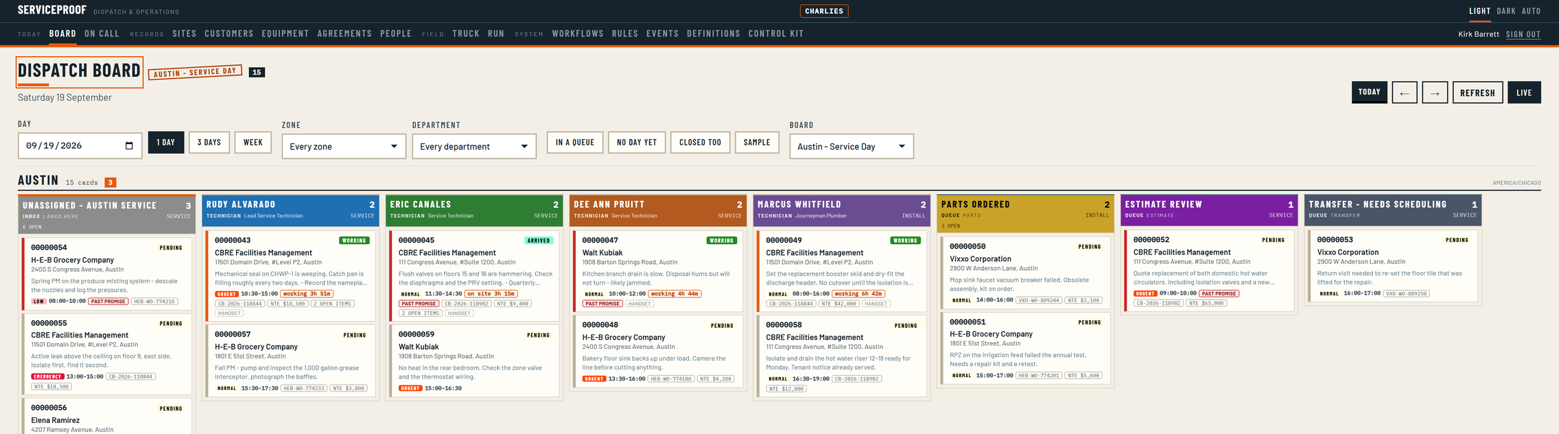 The ServiceProof dispatch board for one zone: an unassigned inbox, a column for each technician, and then Parts Ordered, Estimate Review and Transfer - Needs Scheduling as columns of their own, each holding live job cards.