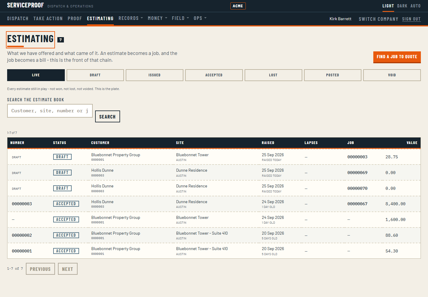 The estimating screen: a strip of stages from live through draft, issued, accepted, lost, posted and void, over a list of quotes showing the customer, the site, when it was raised, when it lapses, which job it became and its value.