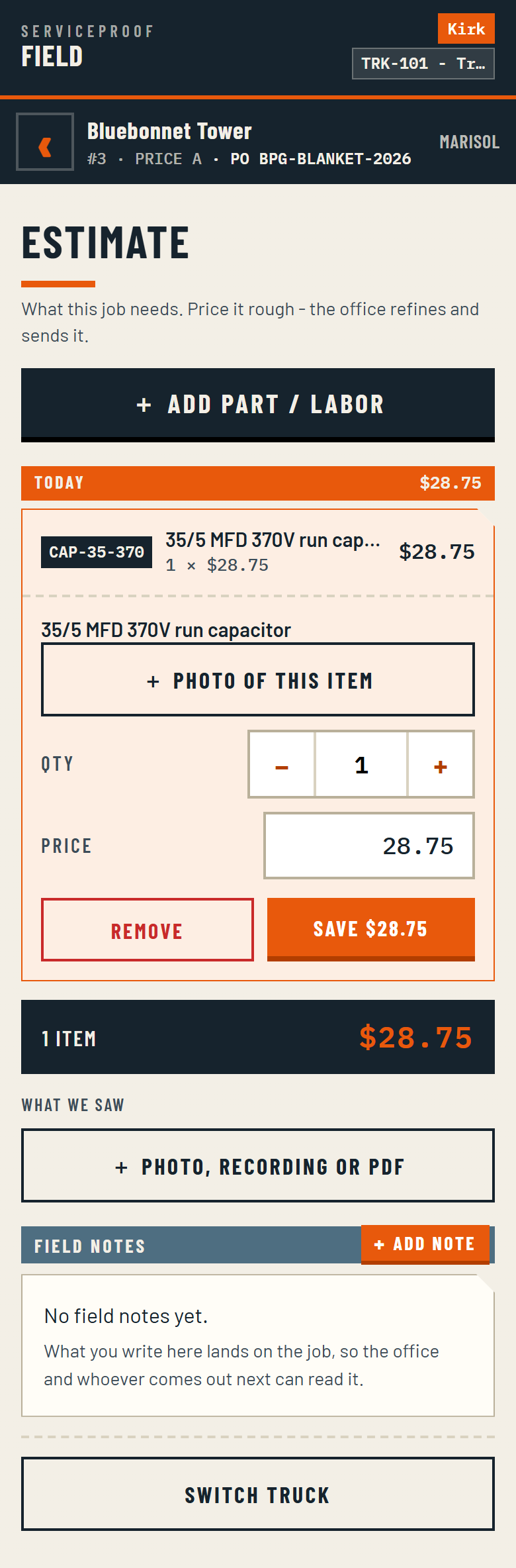 A line opened on the phone, showing a button to attach a photograph of that specific item rather than of the job as a whole.