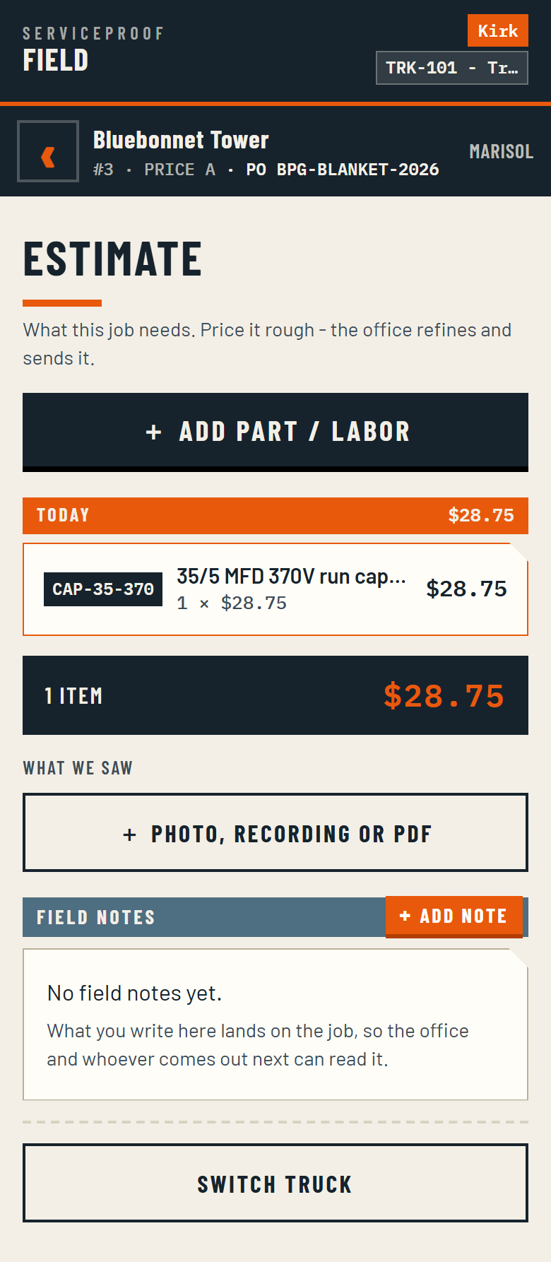 Building an estimate on the phone: parts and labor with a running total, a section for photographs and recordings, and field notes.