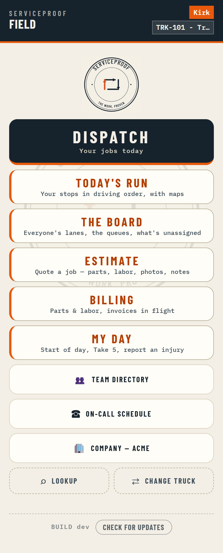 The field app home screen on a phone, with ESTIMATE sitting directly above BILLING among the day's buttons.
