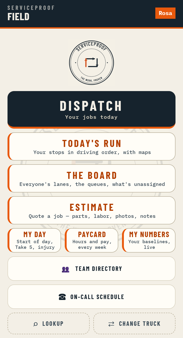 The field app home screen: Dispatch, Today's run, The board and Estimate, then three tiles side by side - My Day, Paycard and My Numbers, your baselines, live.