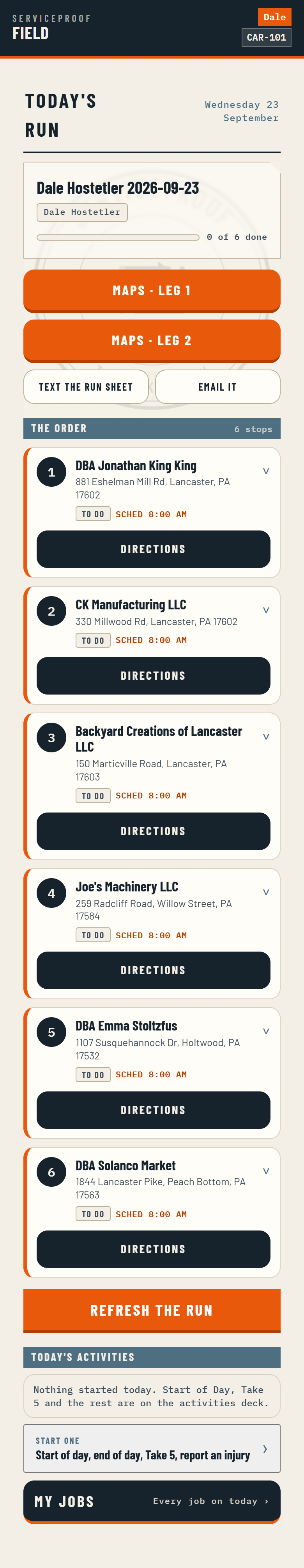 Today's run on a driver's phone: six stops in driving order, each with its address and directions, and the drive time between them.