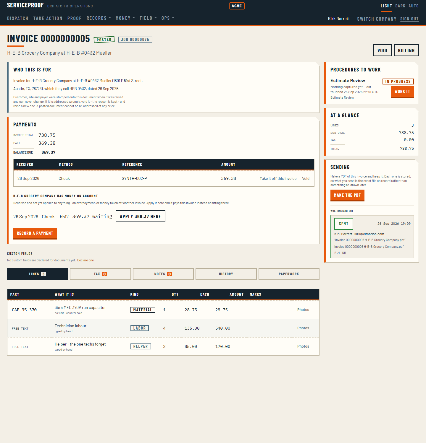 An invoice's payments panel: the invoice total, what has been paid and the balance due, the payment already received, and below it the customer's money on account - a check waiting to be applied - with a button to apply it to this invoice.