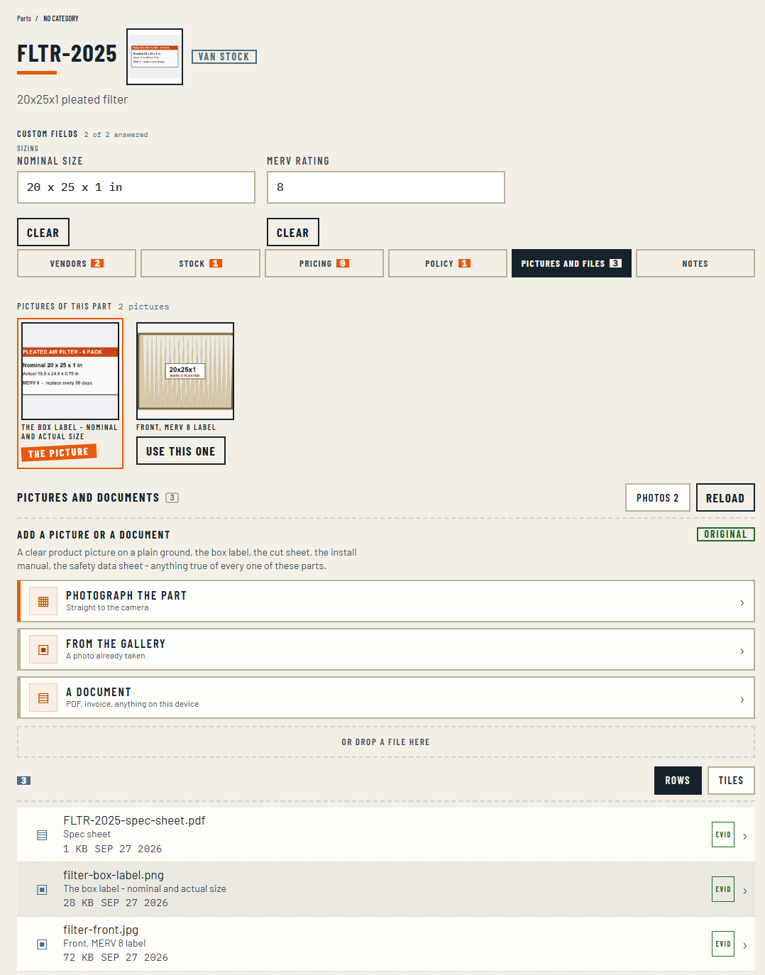 One part, a 20x25x1 pleated filter: its chosen picture beside the part number, two custom fields - nominal size 20 x 25 x 1 in and MERV rating 8 - then its pictures, the box label marked as the picture and the front with a Use this one button, and below them the part's documents: a spec sheet PDF, the box label and the front photograph.