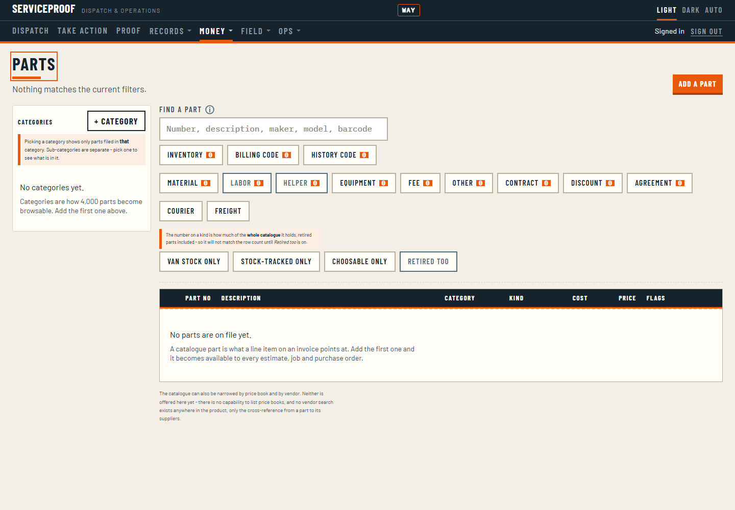 The parts catalog: every part with its code, category, cost and price.