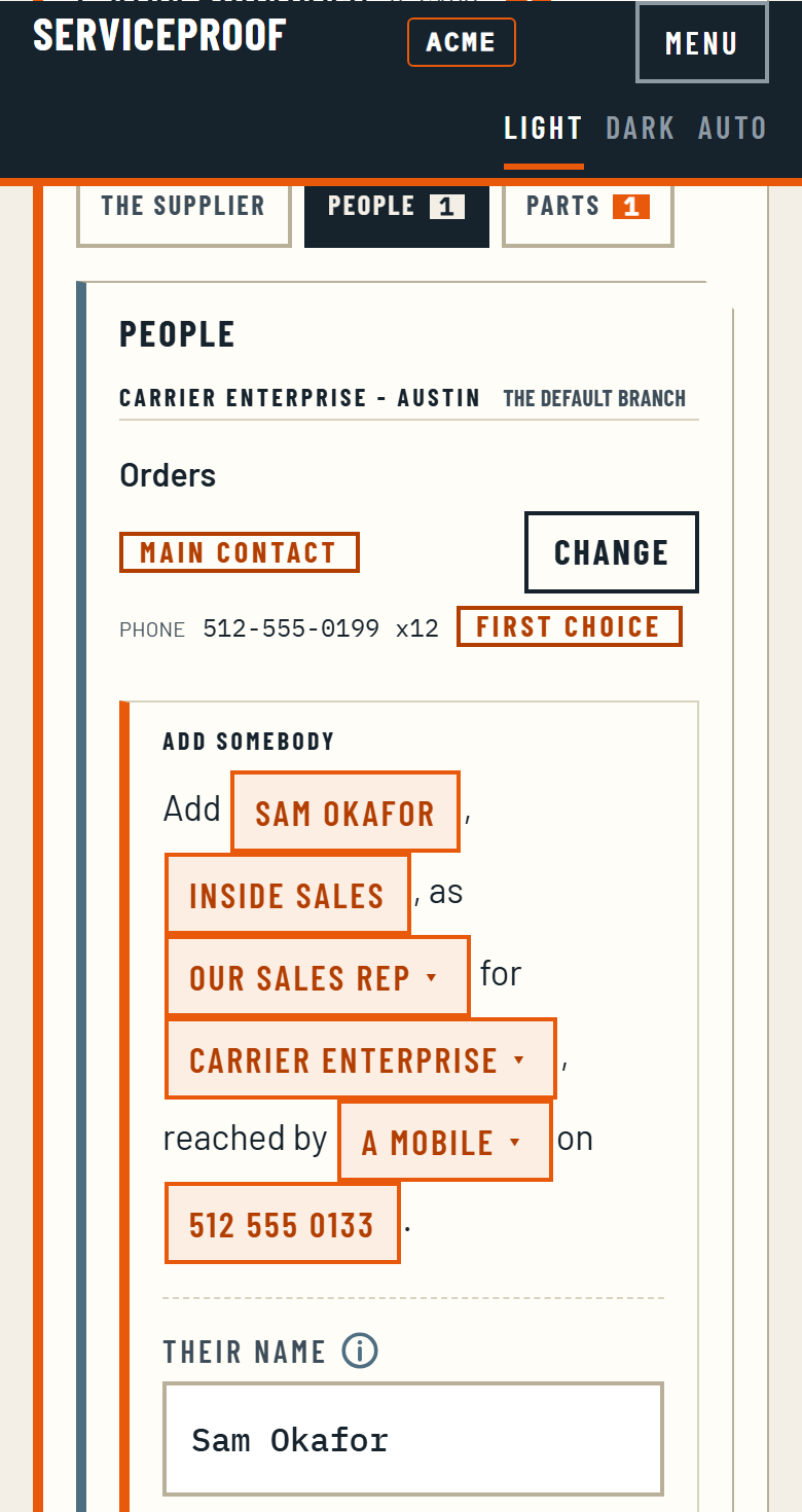 The office screen on a phone, on a supplier's people: the Austin branch's Orders contact marked main contact with its phone, and below it the sentence Add Sam Okafor, Inside Sales, as our sales rep for Carrier Enterprise, reached by a mobile on 512 555 0133.