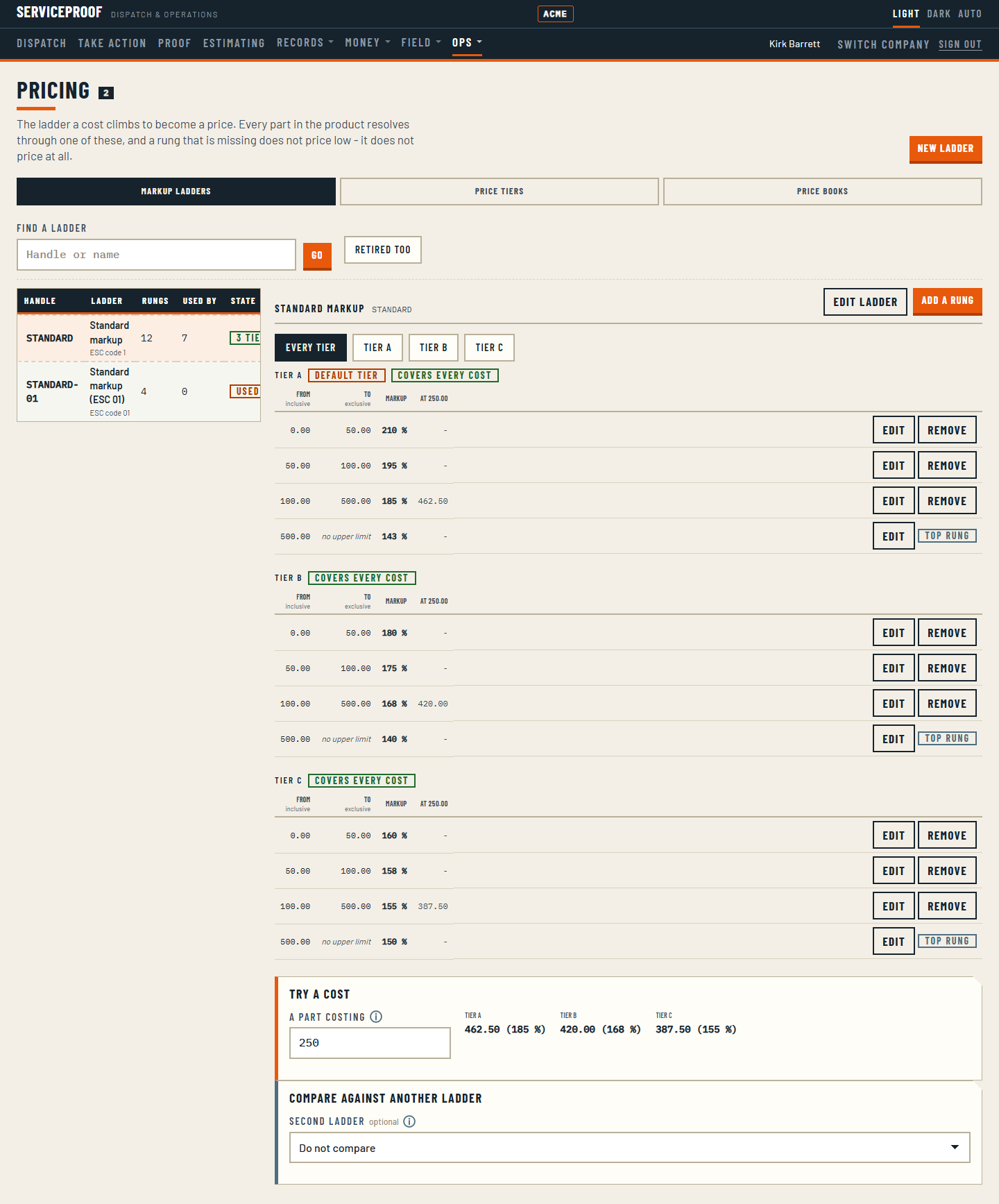 A markup ladder open on the pricing screen: cost bands from zero upward for three price tiers, each with its markup percent, and a try-a-cost box showing what a part costing 250 prices at in each tier.