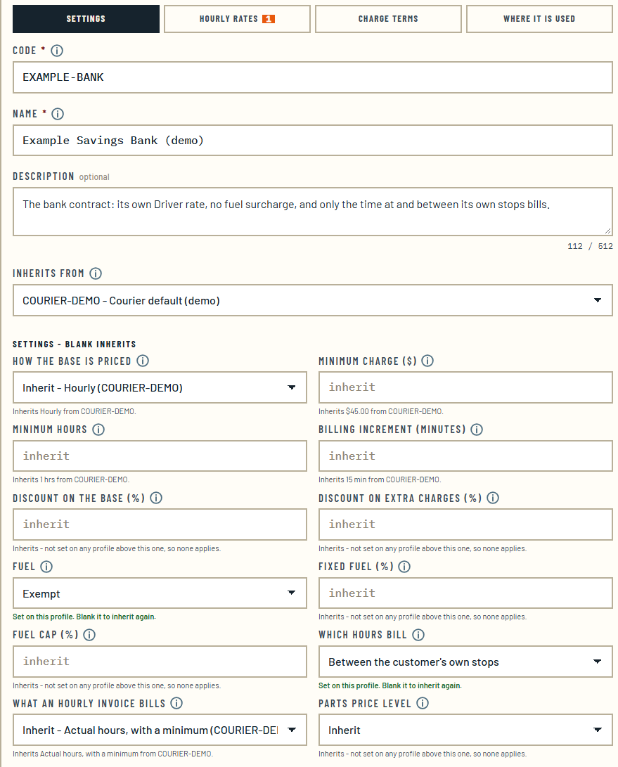 A demo bank's profile, Example Savings Bank, in the pricing profile editor, with one hourly rate of its own counted on its Hourly rates tab. It inherits from the courier default, so its hourly method, $45.00 minimum charge, one-hour minimum and 15-minute increment each say which profile they come from, while fuel is set to exempt and the hours that bill are set to the time between the customer's own stops on this profile.