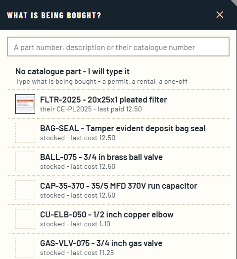 A purchase order's part picker, headed What is being bought: a search box, then parts from the catalog - the pleated filter with its chosen picture beside it and the supplier's own code and last price, the others with an empty picture slot.