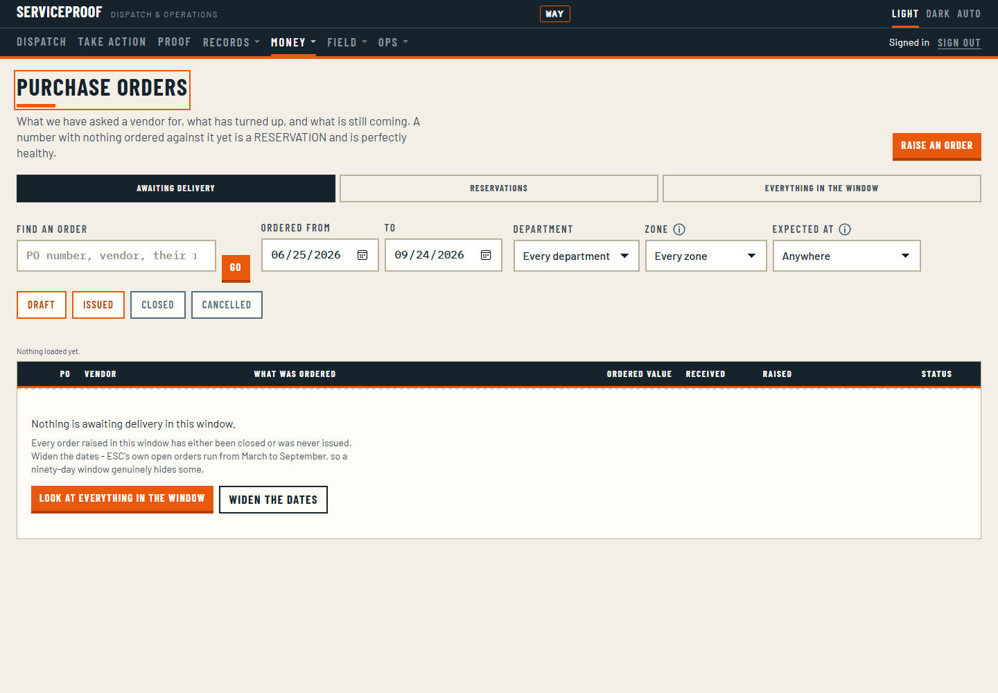 The purchase orders screen: every order, the supplier it went to, the job it is for and how much of it has arrived.