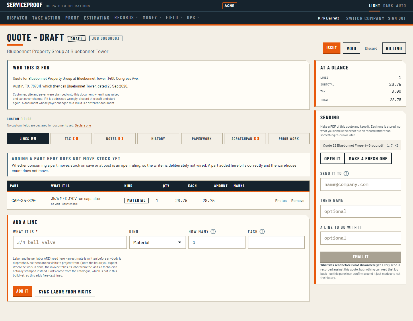 The sending panel on a quote, showing the generated PDF with its size, buttons to open it or make a fresh one, and fields to email it.
