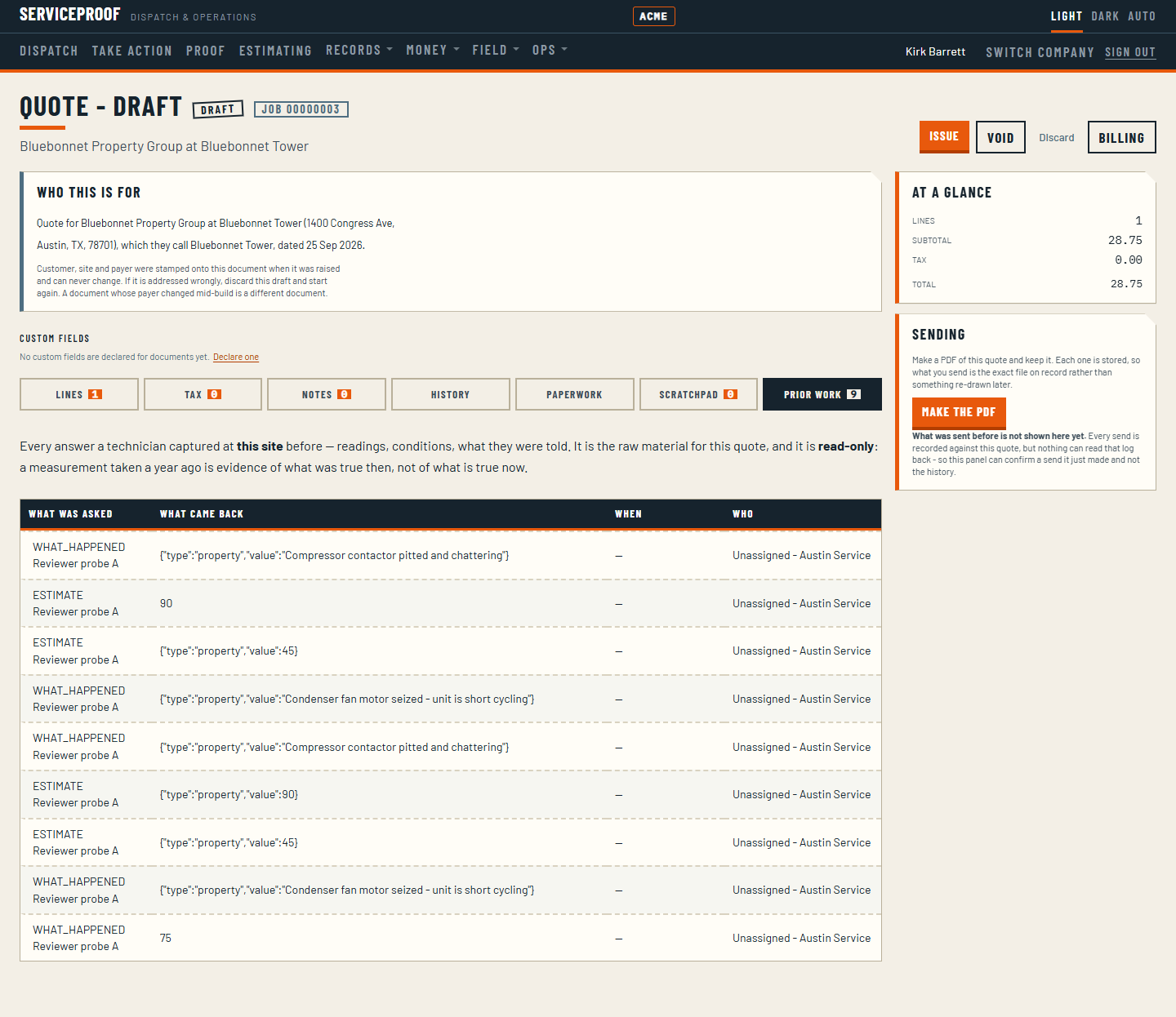 The prior work tab on a quote, listing answers captured at this site with what was asked, what came back, when, and who.