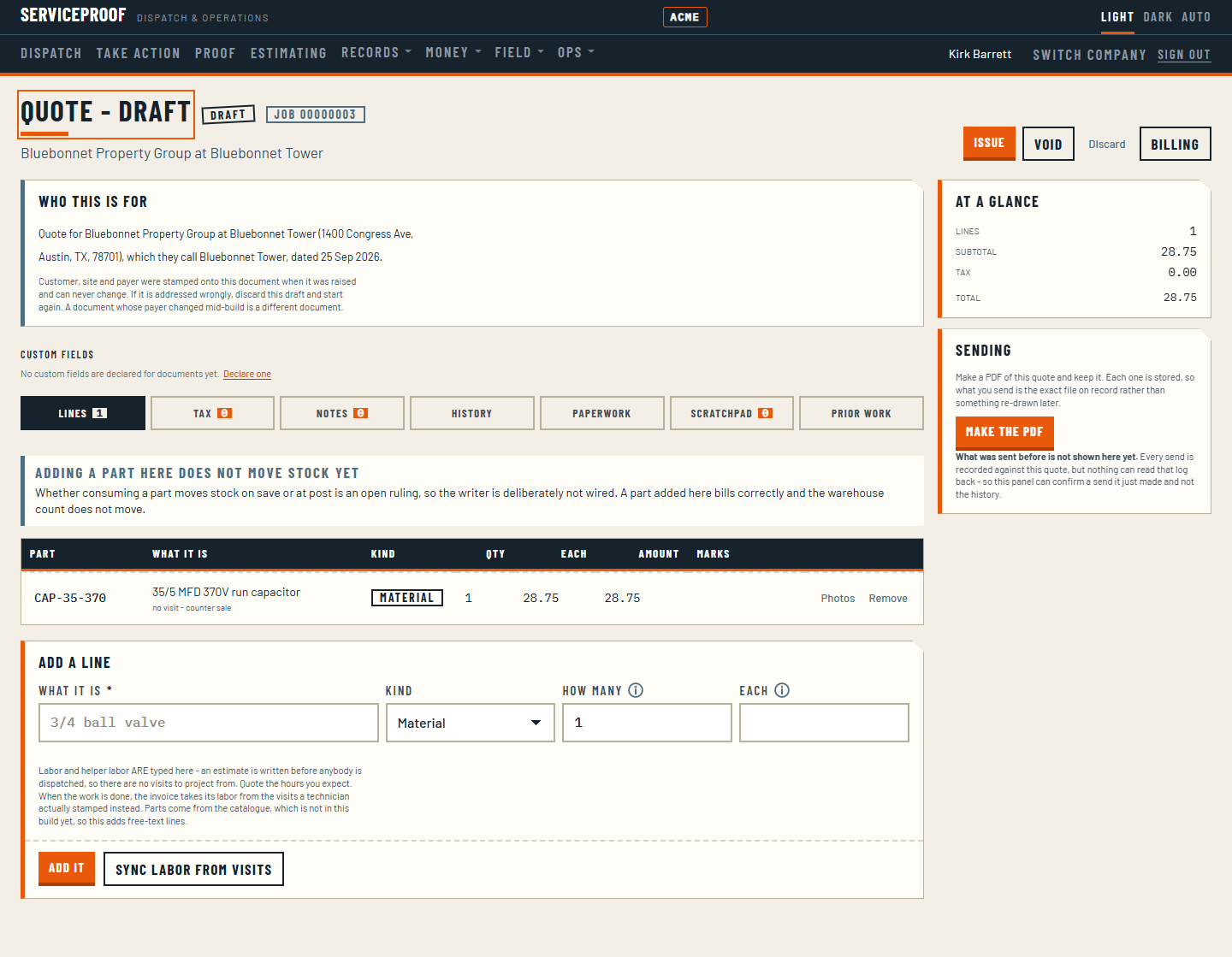 A draft quote in the portal: who it is for, the lines with their kind and amount, a running total, and the sending panel.