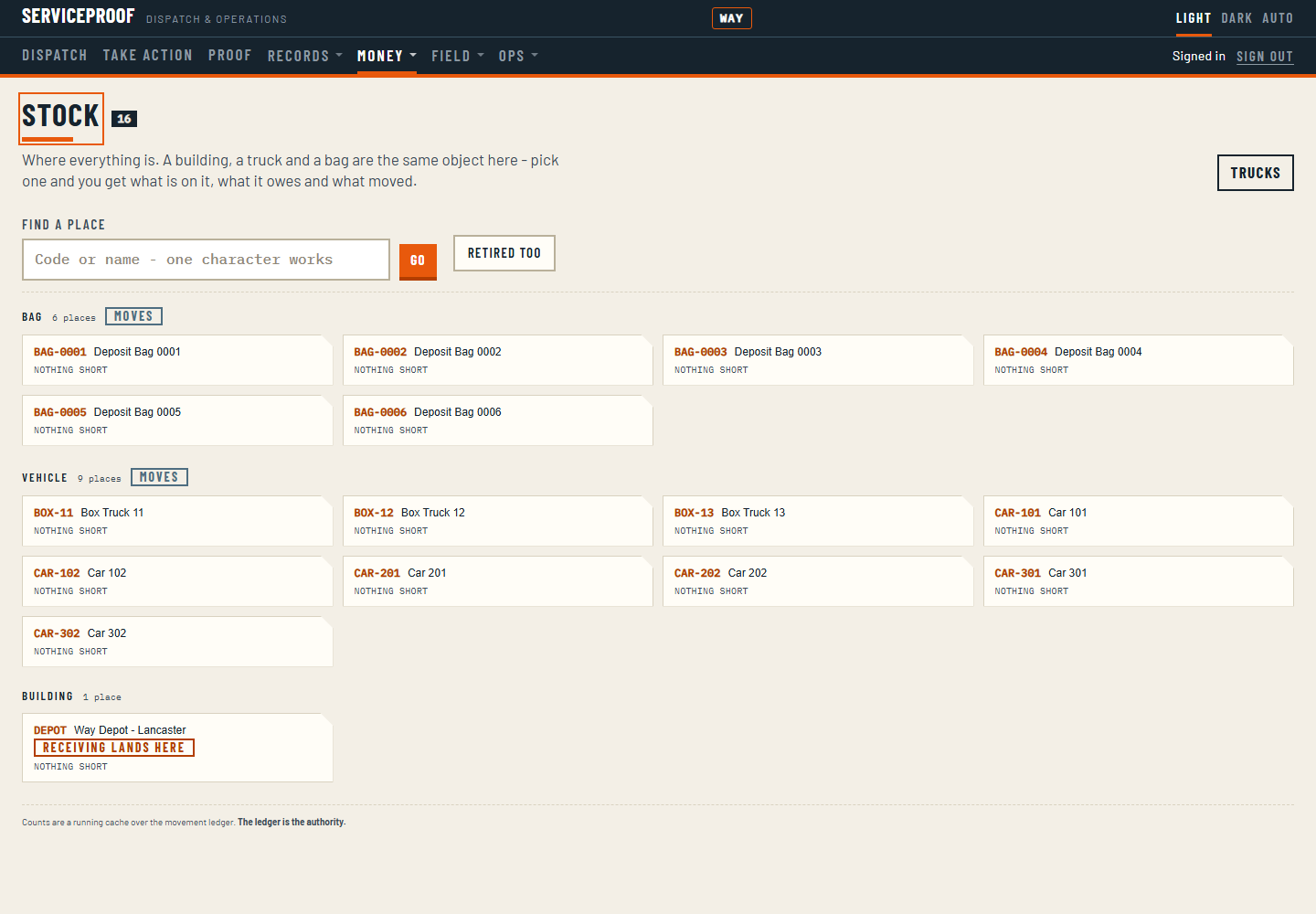 The stock screen: what is on each shelf and on each van right now, with transfer and adjust actions.